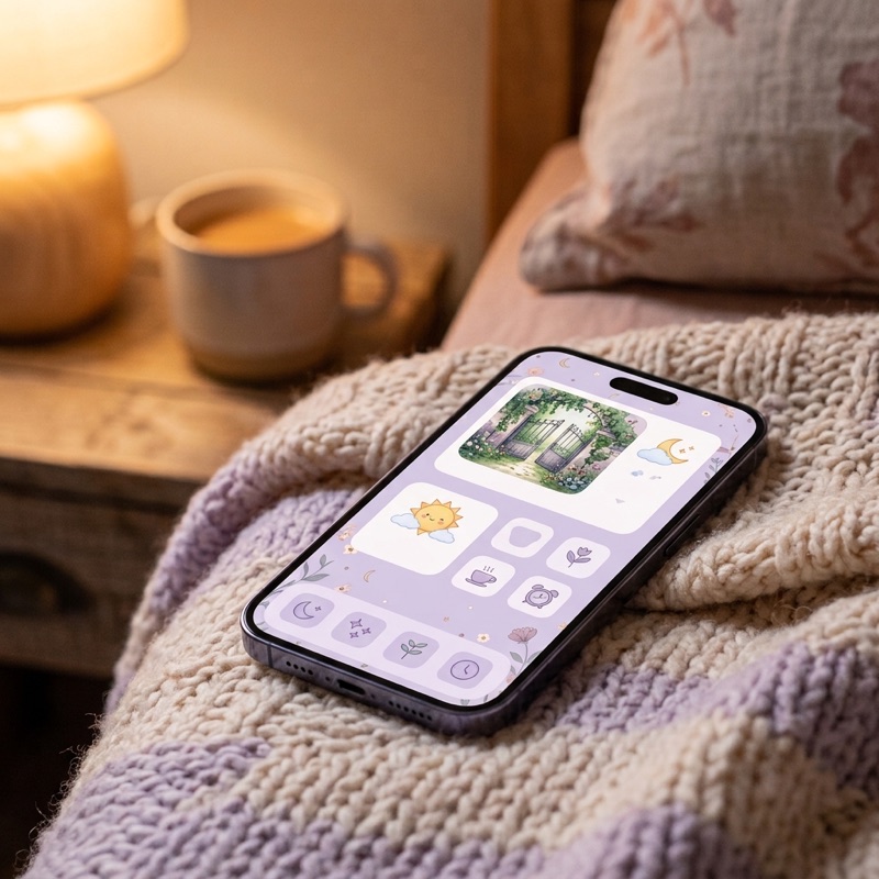 A smartphone on a pastel blanket showing a photo-riddle widget.